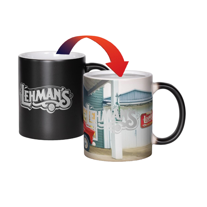 Matte black ceramic coffee mug revealing a colorful Lehman’s storefront image when filled with hot liquid, perfect for Kitchen & Food, Brewing Coffee and Tea, Dinnerware, USA Made, and Best Sellers collections.