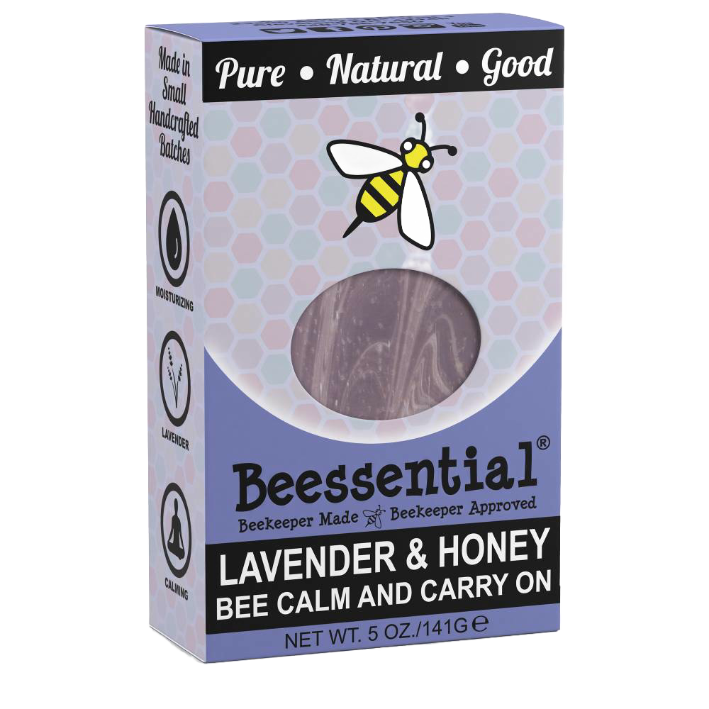 Packaging of Beessential Natural Handmade Soap featuring lavender and honey scent with moisturizing and calming properties, handcrafted in small batches in the USA, from Health & Wellness, Grooming and Personal Hygiene, Soaps collections.