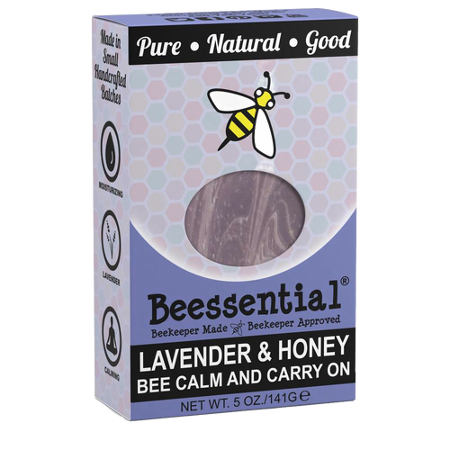 Packaging of Beessential Natural Handmade Soap featuring lavender and honey scent with moisturizing and calming properties, handcrafted in small batches in the USA, from Health & Wellness, Grooming and Personal Hygiene, Soaps collections.