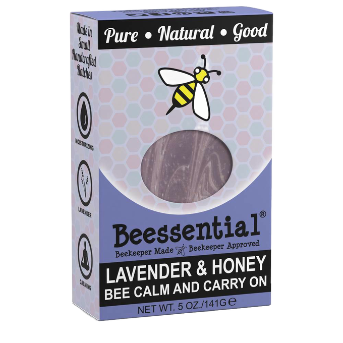 Packaging of Beessential Natural Handmade Soap featuring lavender and honey scent with moisturizing and calming properties, handcrafted in small batches in the USA, from Health & Wellness, Grooming and Personal Hygiene, Soaps collections.