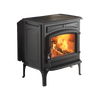 Large cast iron and steel wood stove with visible burning fire inside, designed for efficient heating, featured in Stoves, Heatstoves, and Best Sellers collections.