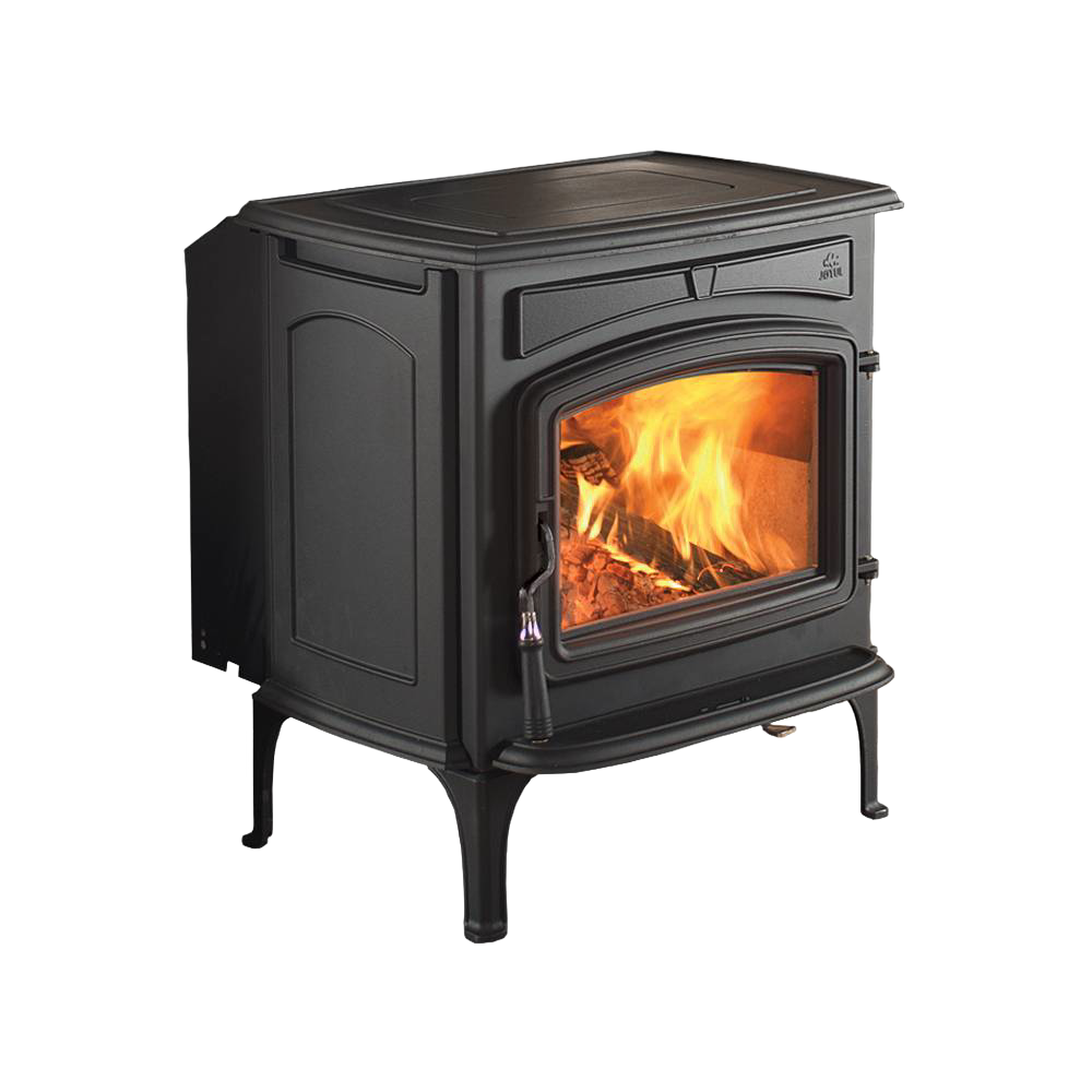 Large cast iron and steel wood stove with visible burning fire inside, designed for efficient heating, featured in Stoves, Heatstoves, and Best Sellers collections.