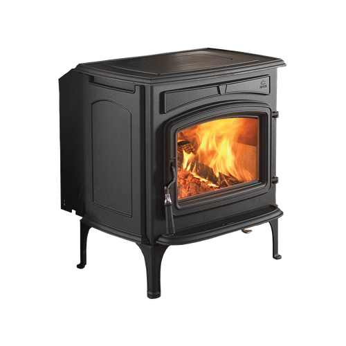 Large cast iron and steel wood stove with visible burning fire inside, designed for efficient heating, featured in Stoves, Heatstoves, and Best Sellers collections.