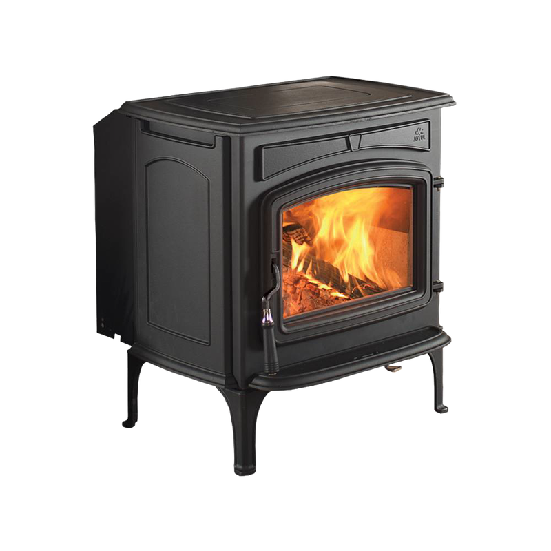 Large cast iron and steel wood stove with visible burning fire inside, designed for efficient heating, featured in Stoves, Heatstoves, and Best Sellers collections.