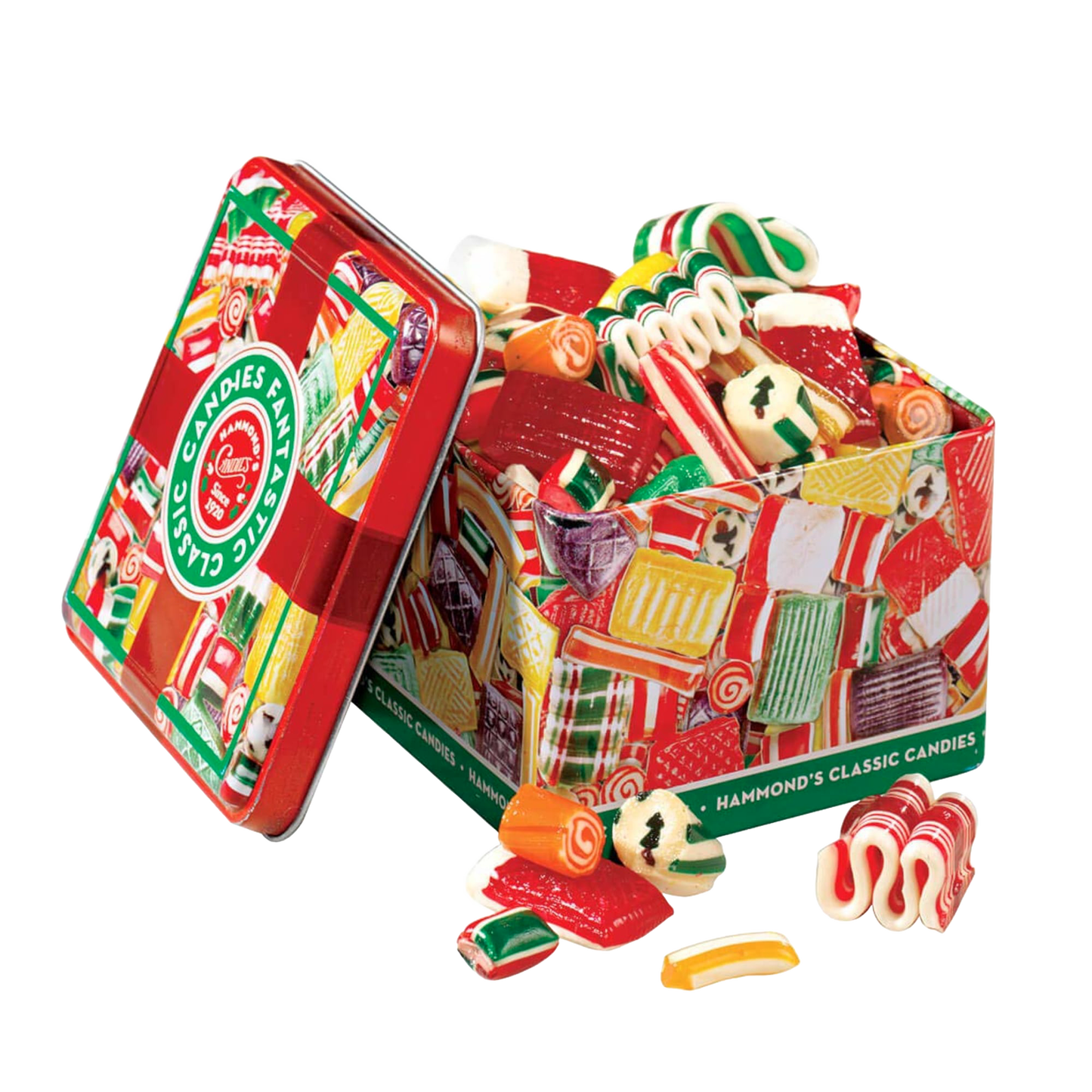 Colorful old-fashioned candy pieces in assorted shapes and vibrant red, green, and yellow hues spilling from a charming 16 oz metal tin, handcrafted and made in USA, perfect for Kitchen & Food, Snacks and Sweets, Candy, USA Made, and Best Sellers collections.