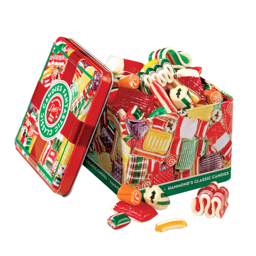 Colorful old-fashioned candy pieces in assorted shapes and vibrant red, green, and yellow hues spilling from a charming 16 oz metal tin, handcrafted and made in USA, perfect for Kitchen & Food, Snacks and Sweets, Candy, USA Made, and Best Sellers collections.