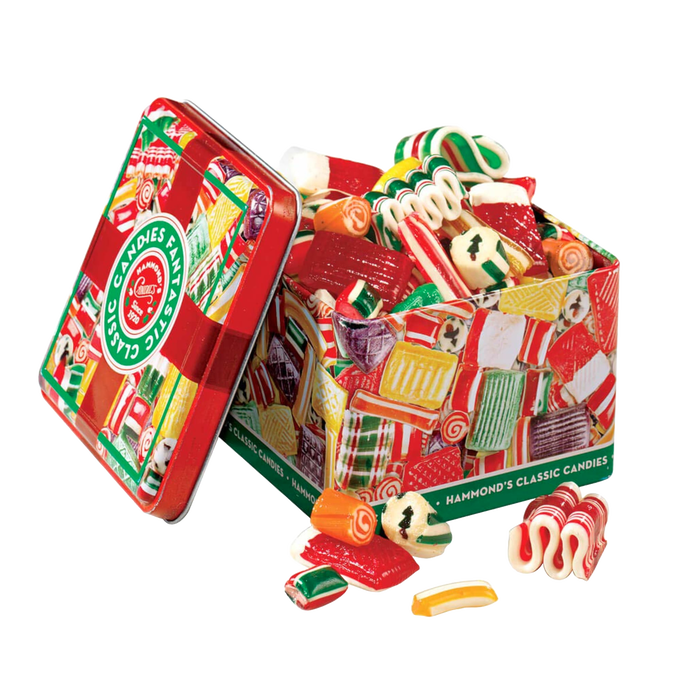 Colorful old-fashioned candy pieces in assorted shapes and vibrant red, green, and yellow hues spilling from a charming 16 oz metal tin, handcrafted and made in USA, perfect for Kitchen & Food, Snacks and Sweets, Candy, USA Made, and Best Sellers collections.