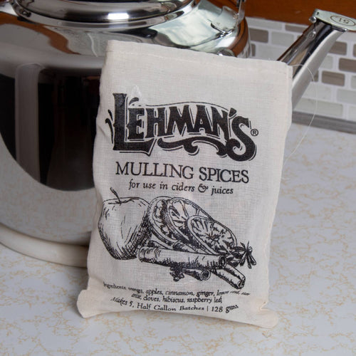 Handcrafted cotton muslin bag of Lehman's mulling spices featuring cinnamon, dried citrus, and aromatic herbs, perfect for Kitchen & Food, Beverages, USA Made, and Best Sellers collections.
