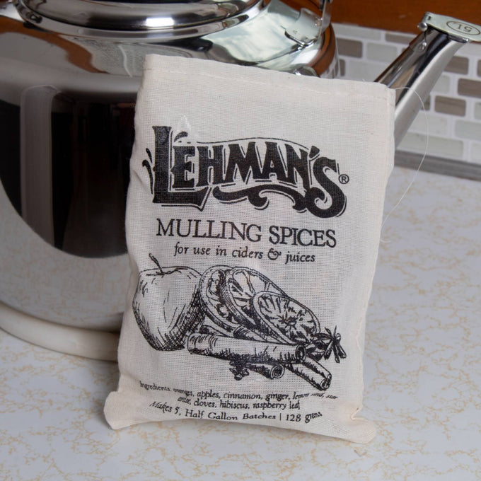 Handcrafted cotton muslin bag of Lehman's mulling spices featuring cinnamon, dried citrus, and aromatic herbs, perfect for Kitchen & Food, Beverages, USA Made, and Best Sellers collections.