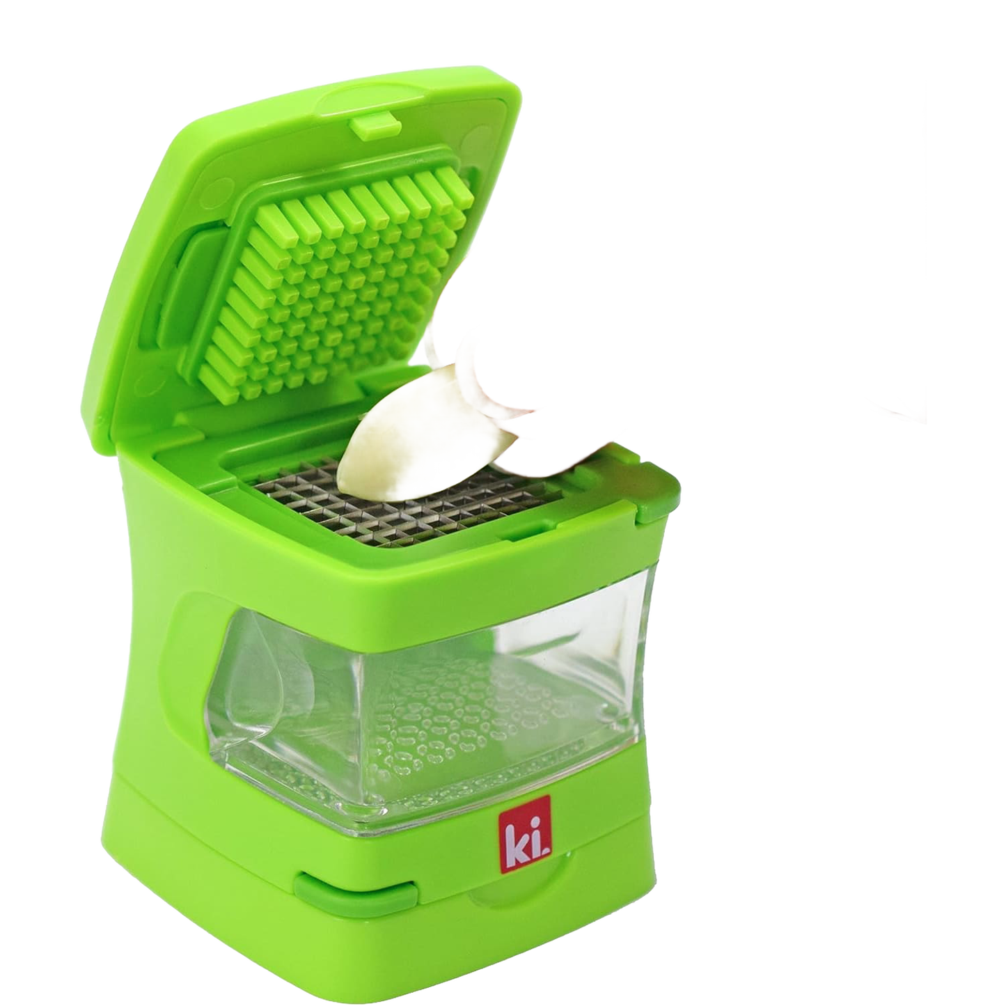 Compact green garlic prep tool with built-in stainless steel blades and clear container, designed for easy peeling, slicing, mincing, and grating, ideal for Kitchen & Food and Food Prep collections.