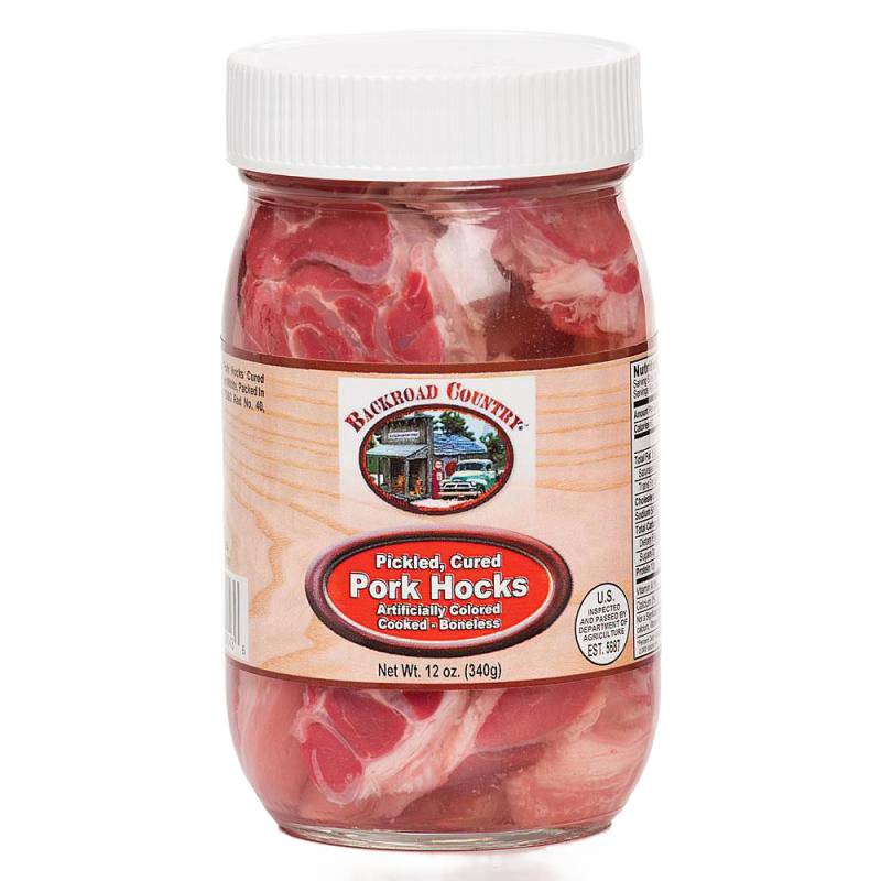 Clear glass jar filled with boneless pickled pork hocks, handcrafted and made in the USA, featured in Kitchen & Food, Pantry, and Best Sellers collections.