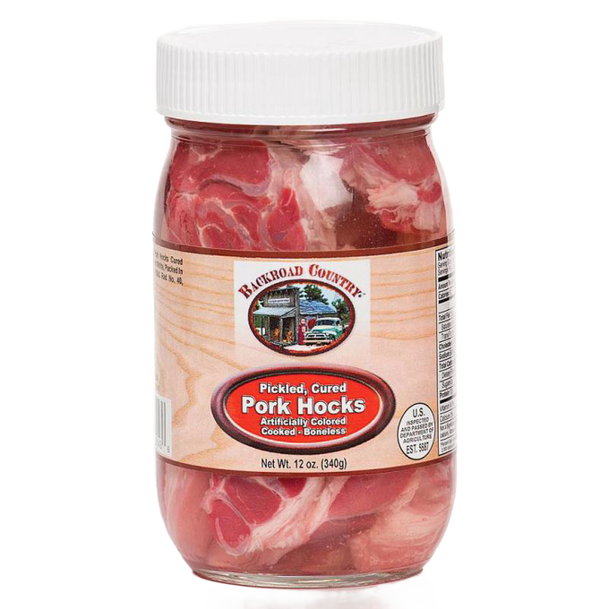 Clear glass jar filled with boneless pickled pork hocks, handcrafted and made in the USA, featured in Kitchen & Food, Pantry, and Best Sellers collections.