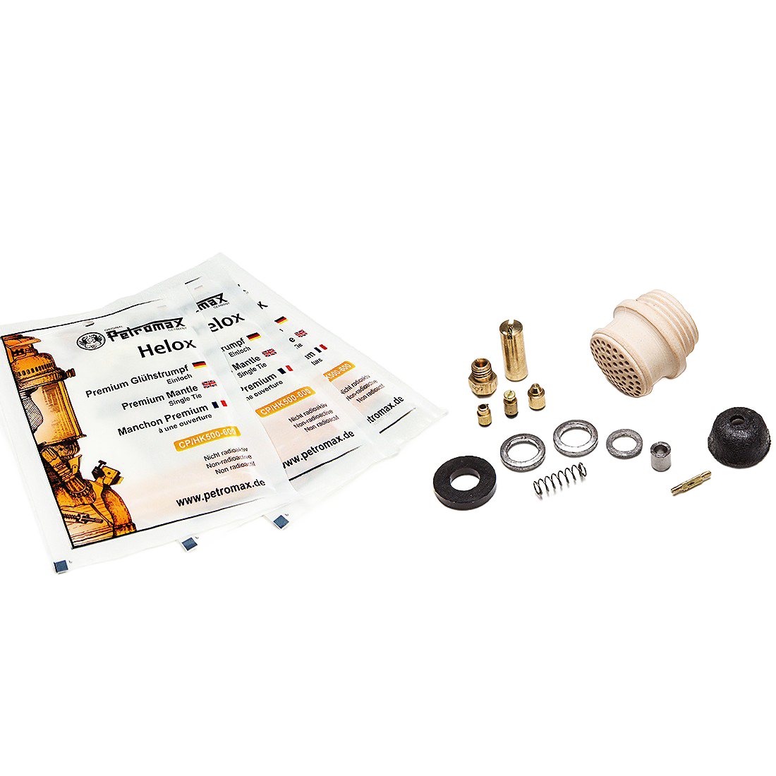 Set of replacement parts and mantles for lamp maintenance, including ceramic burner head and brass fittings, designed for reliable upkeep in Lamps & Lighting, Parts and Accessories, Other Parts, Best Sellers, and Promo Eligible collections.