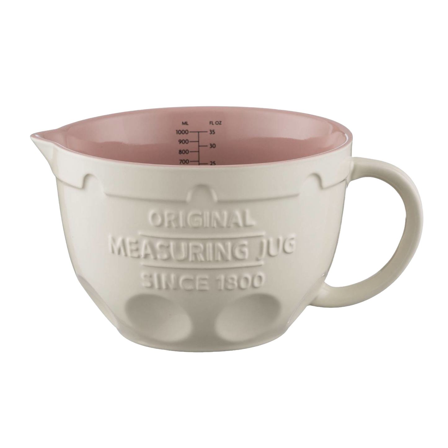 Cream-colored measuring jug with a soft pink interior, embossed with vintage lettering, designed for easy mixing and measuring in Kitchen & Food, Cookware, Baking Supplies, Food Prep, Measuring, Best Sellers, Promo Eligible collections.