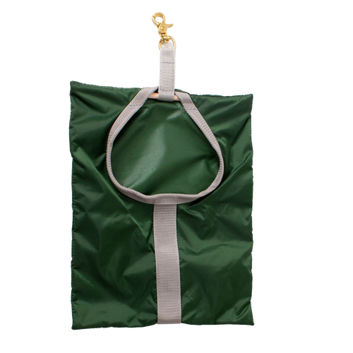 Dark green Amish Clothespin Bag with sturdy beige strap and brass clip, handcrafted and made in USA, ideal for laundry and clothesline accessories in Home & Decor collections.