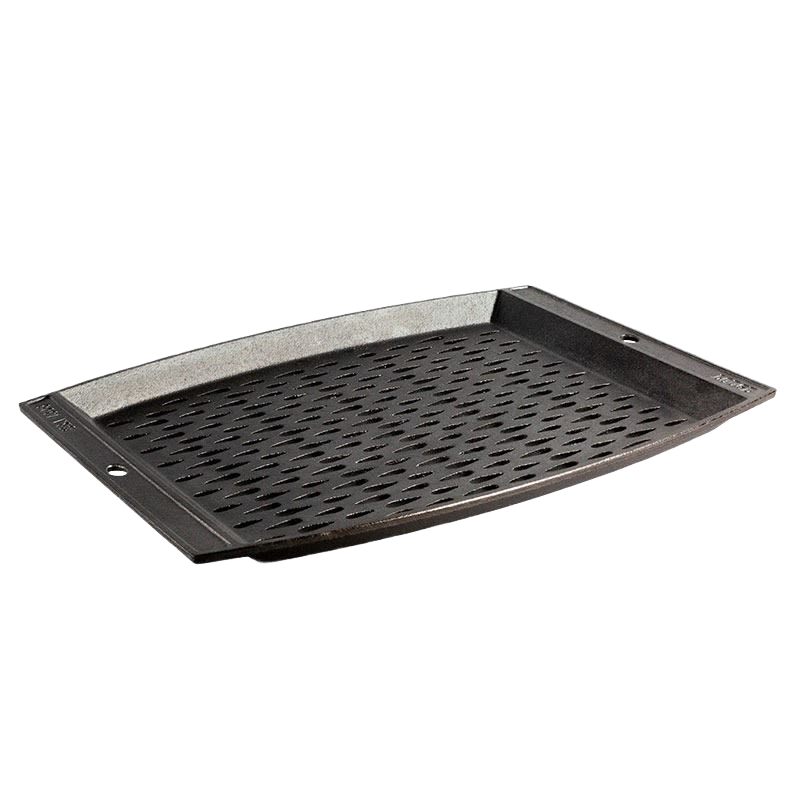 Handcrafted cast iron grill topper pan with perforated surface for enhanced grill flavor, designed in the USA for Kitchen & Food, Cast Iron, and Cookware collections.