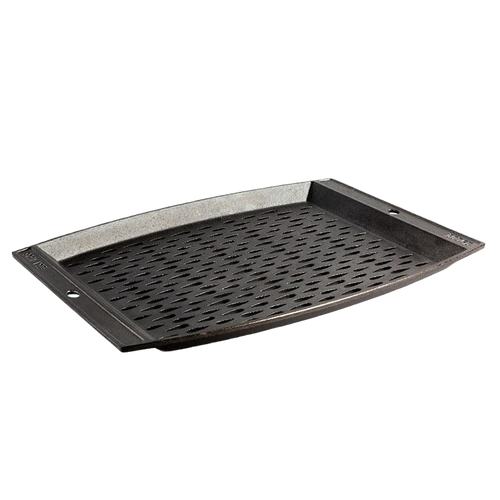 Handcrafted cast iron grill topper pan with perforated surface for enhanced grill flavor, designed in the USA for Kitchen & Food, Cast Iron, and Cookware collections.