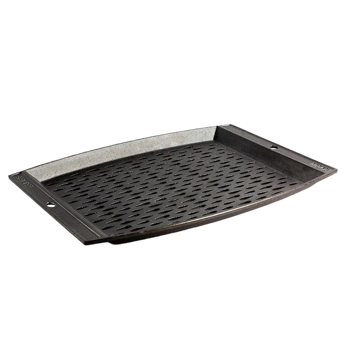 Handcrafted cast iron grill topper pan with perforated surface for enhanced grill flavor, designed in the USA for Kitchen & Food, Cast Iron, and Cookware collections.