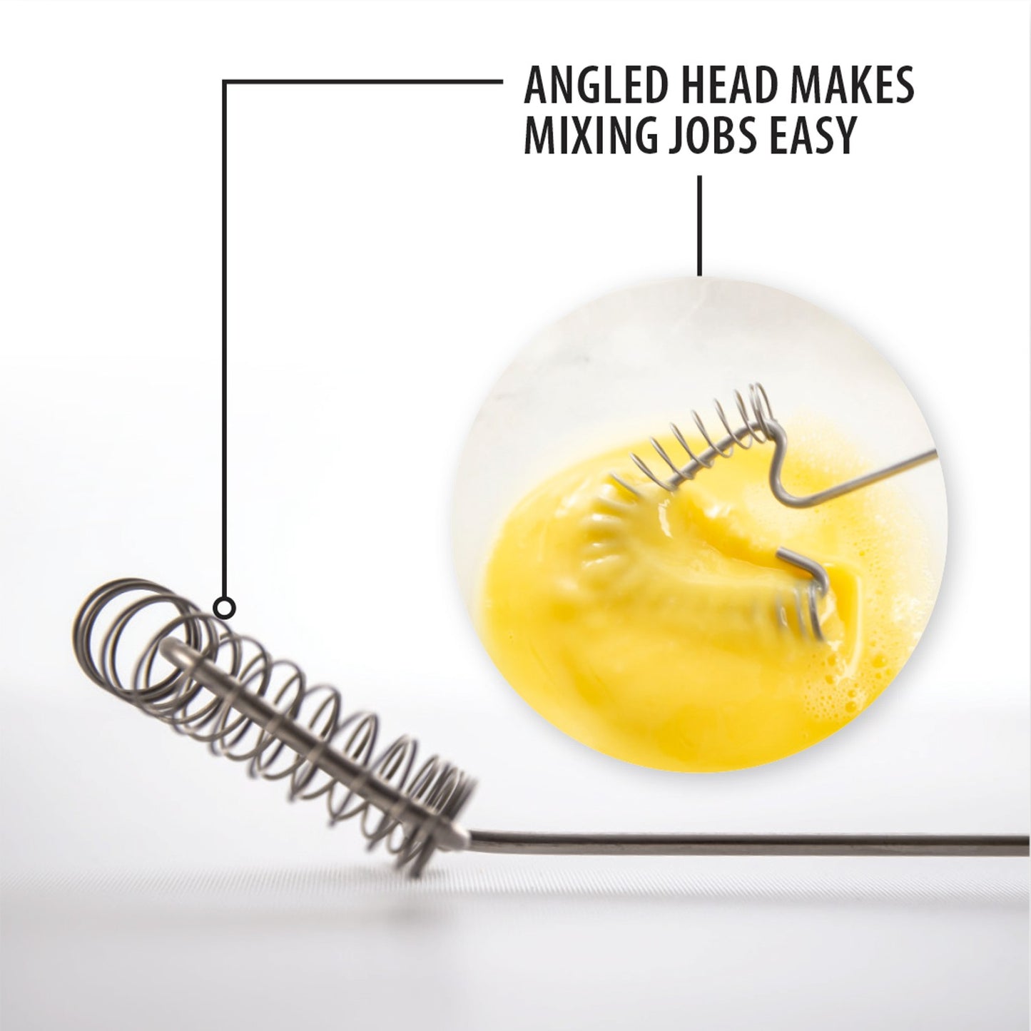 Angled stainless steel coil whisk designed for easy mixing with a close-up inset showing the whisk blending beaten eggs, featured in Kitchen & Food and USA Made collections.
