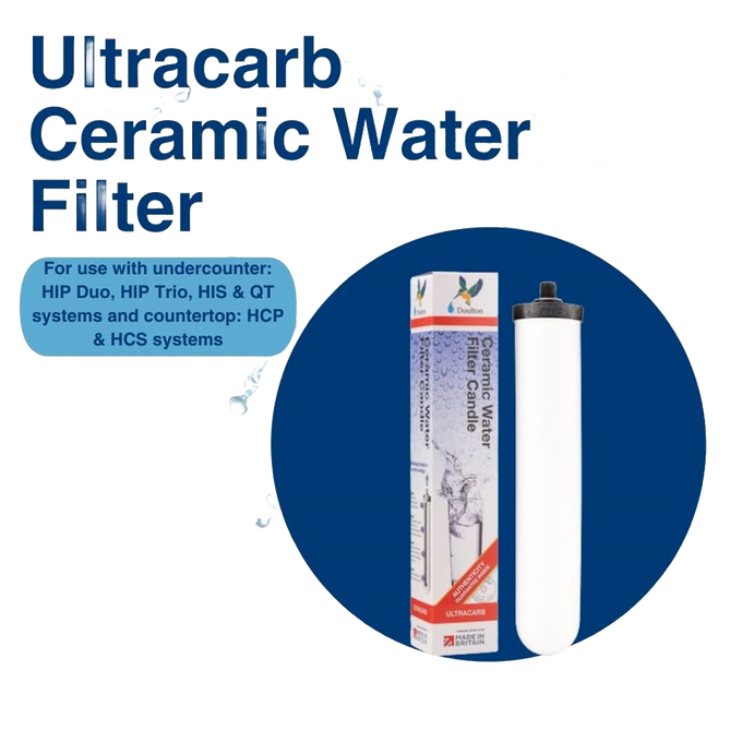 Replacement ceramic water filter element with activated carbon, compatible with undercounter and countertop Doulton systems, featured in Appliances, Emergency Supplies, and Water Heating and Treatment collections.