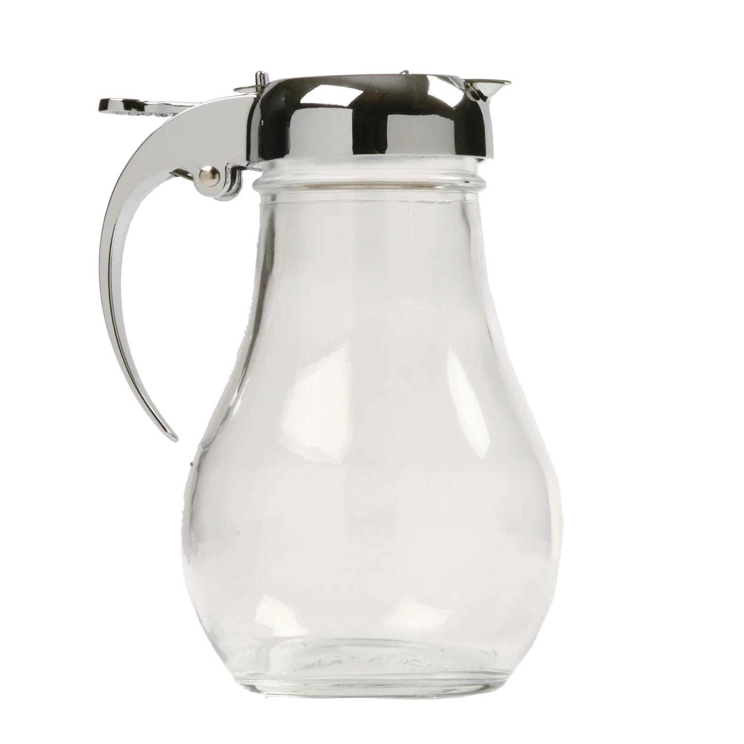 Clear heavy-duty glass syrup dispenser with polished metal lid and thumb lever, designed for easy pouring, ideal for Kitchen Gadgets and Storage and Serving collections.