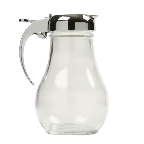 Clear heavy-duty glass syrup dispenser with polished metal lid and thumb lever, designed for easy pouring, ideal for Kitchen Gadgets and Storage and Serving collections.