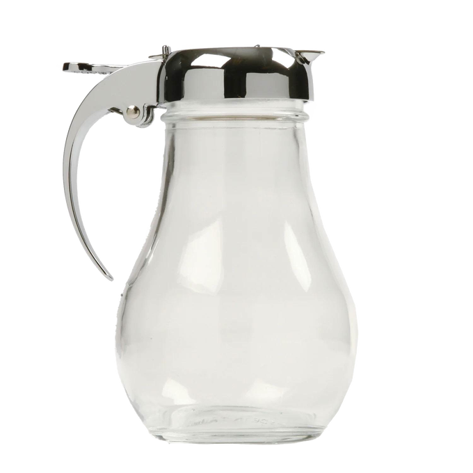 Clear heavy-duty glass syrup dispenser with polished metal lid and thumb lever, designed for easy pouring, ideal for Kitchen Gadgets and Storage and Serving collections.
