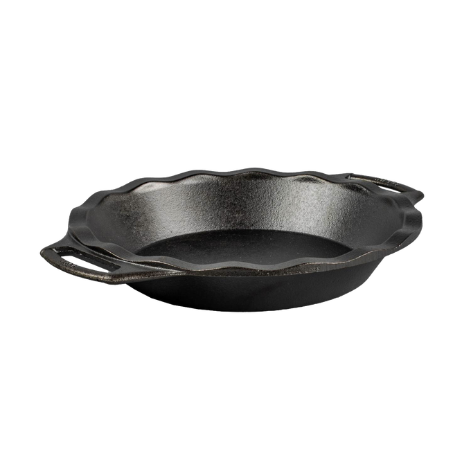 Seasoned 9-inch cast iron pie pan with dual handles for easy lifting, known for even heat retention, handcrafted in the USA, ideal for Kitchen & Food, Cookware, and Baking Supplies collections.