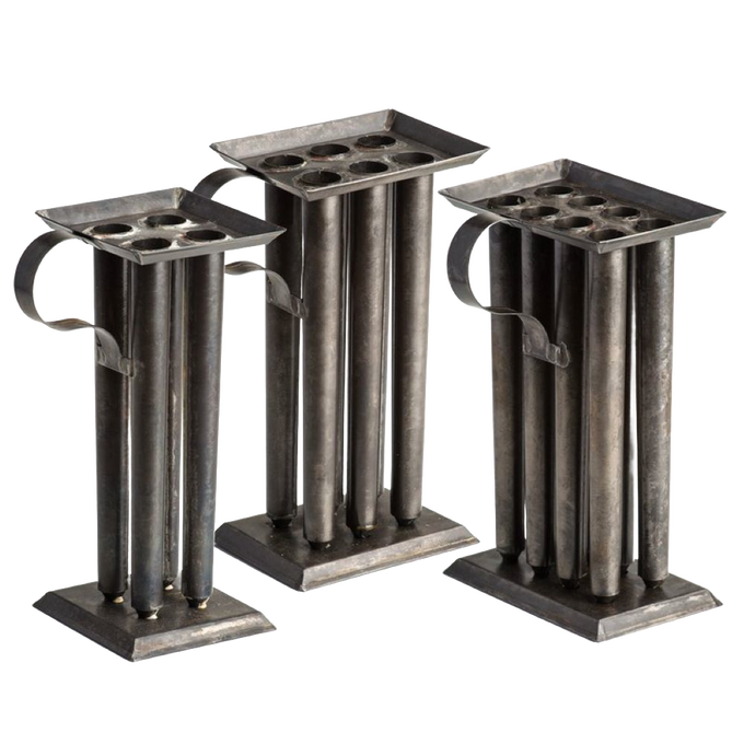 Set of three handcrafted tin molds with tubular cavities and sturdy handles, designed for creating sharp-tapered candles, ideal for Candlemaking Supplies, Lamps & Lighting, and Best Sellers collections.