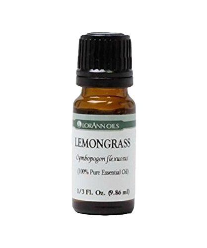 Amber glass bottle of lemongrass essential oil with black cap, labeled 100% pure and crafted for Health & Wellness, Soaps and Soapmaking, and Candlemaking Supplies collections.