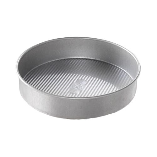 Round aluminized steel cake pan with fluted interior surface for even baking and easy release, made in USA, ideal for Kitchen & Food, Cookware, and Baking Supplies collections.