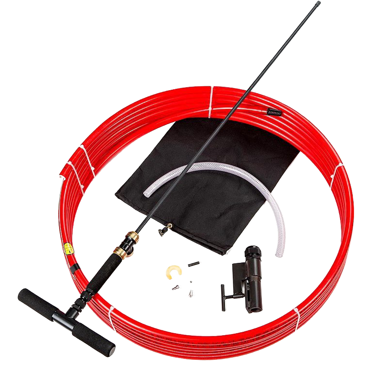 Emergency hand pump system with bright red flexible tubing, T-handle, black fittings, and accessories, designed for easy installation in deep wells, ideal for farm, garden, and emergency use.