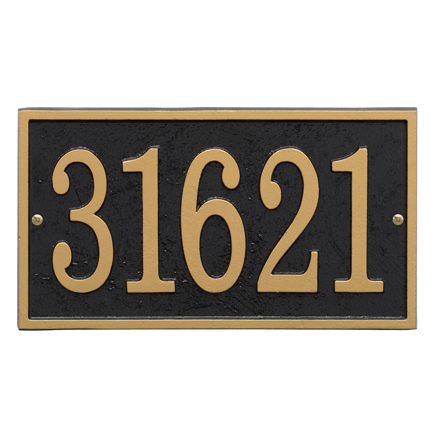 Rectangular black and gold custom address plaque featuring large, elegant numbers, handcrafted in USA, ideal for Home & Decor, Household Helpers, and Mailboxes and Address Signs collections.