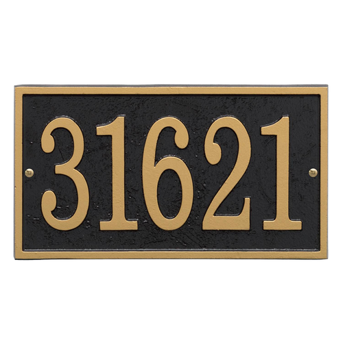 Rectangular black and gold custom address plaque featuring large, elegant numbers, handcrafted in USA, ideal for Home & Decor, Household Helpers, and Mailboxes and Address Signs collections.