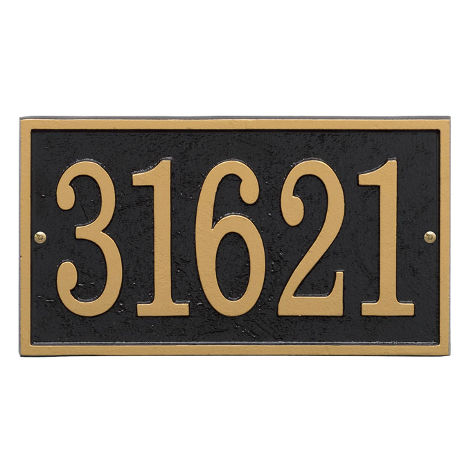 Rectangular black and gold custom address plaque featuring large, elegant numbers, handcrafted in USA, ideal for Home & Decor, Household Helpers, and Mailboxes and Address Signs collections.