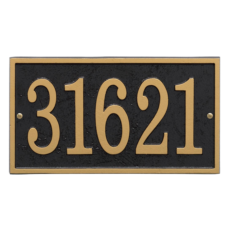 Rectangular black and gold custom address plaque featuring large, elegant numbers, handcrafted in USA, ideal for Home & Decor, Household Helpers, and Mailboxes and Address Signs collections.