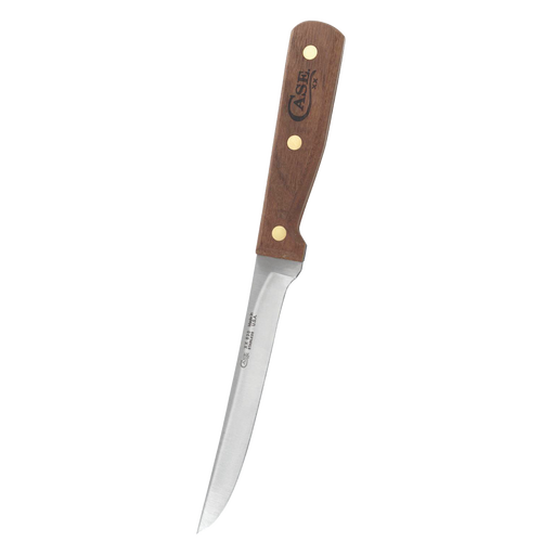 Handcrafted boning knife with smooth wooden handle and sharp curved stainless steel blade, ideal for precise meat and poultry preparation, featured in Kitchen & Food and USA Made collections.