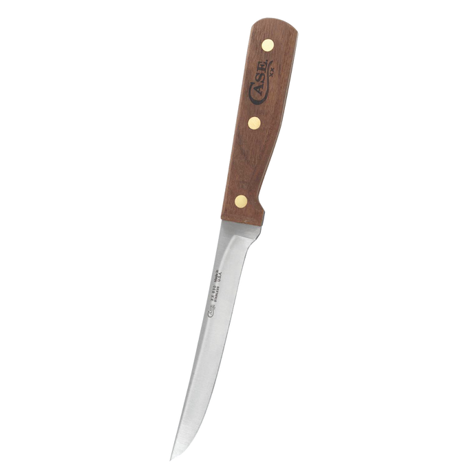 Handcrafted boning knife with smooth wooden handle and sharp curved stainless steel blade, ideal for precise meat and poultry preparation, featured in Kitchen & Food and USA Made collections.