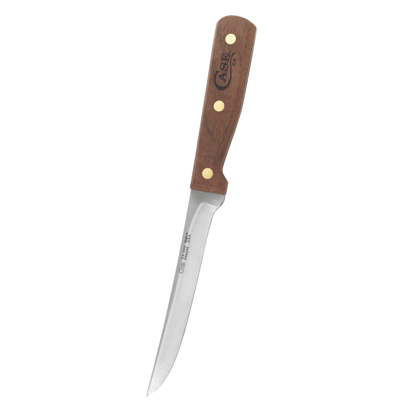 Handcrafted boning knife with smooth wooden handle and sharp curved stainless steel blade, ideal for precise meat and poultry preparation, featured in Kitchen & Food and USA Made collections.