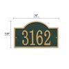 Custom rectangular green and gold house number plaque with an arched top, designed to enhance curb appeal while fitting into Home & Decor, Mailboxes and Address Signs, and USA Made collections.