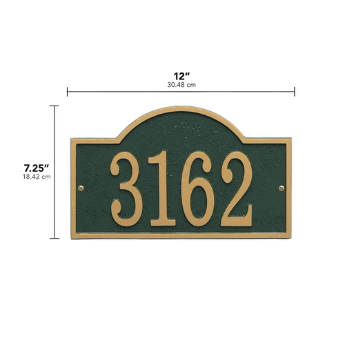 Custom rectangular green and gold house number plaque with an arched top, designed to enhance curb appeal while fitting into Home & Decor, Mailboxes and Address Signs, and USA Made collections.