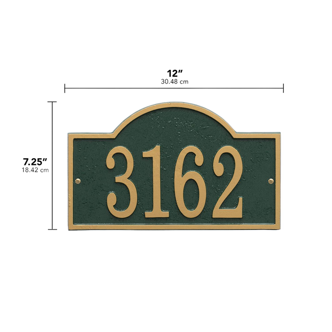 Custom rectangular green and gold house number plaque with an arched top, designed to enhance curb appeal while fitting into Home & Decor, Mailboxes and Address Signs, and USA Made collections.