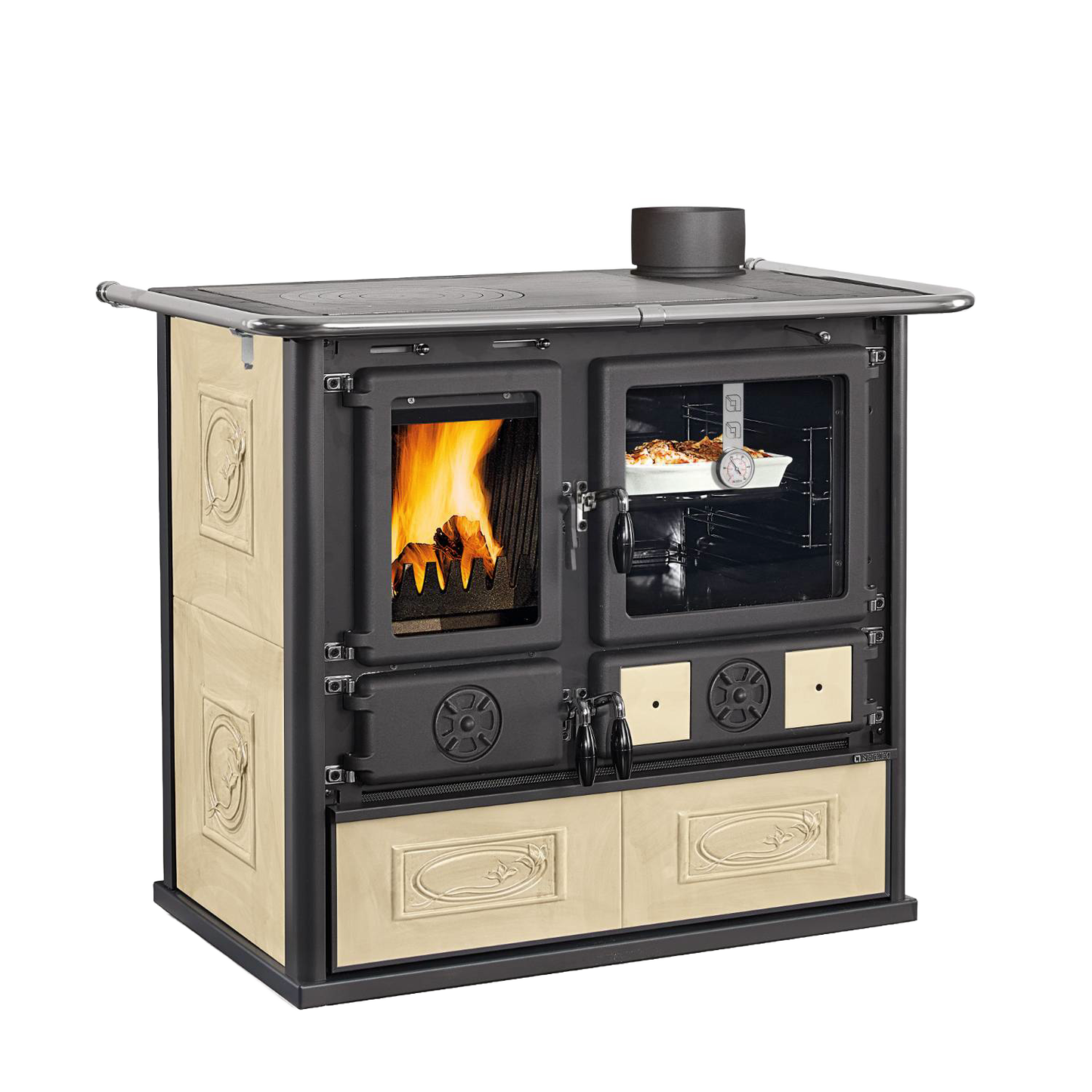 La Nordica Rosa Wood Cook Stove featuring cast iron firebox, porcelain enameled steel oven with cooking thermometer, and elegant majolica tile exterior in cream, ideal for Stoves, Cookstoves, Best Sellers, and All Stoves & Appliances collections.