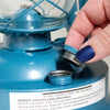Hand adjusting the blue metal cap on a vintage-style kerosene oil lantern designed for outdoor use, featured in Farm, Garden & Tool, Camping, and Lamps & Lighting collections.