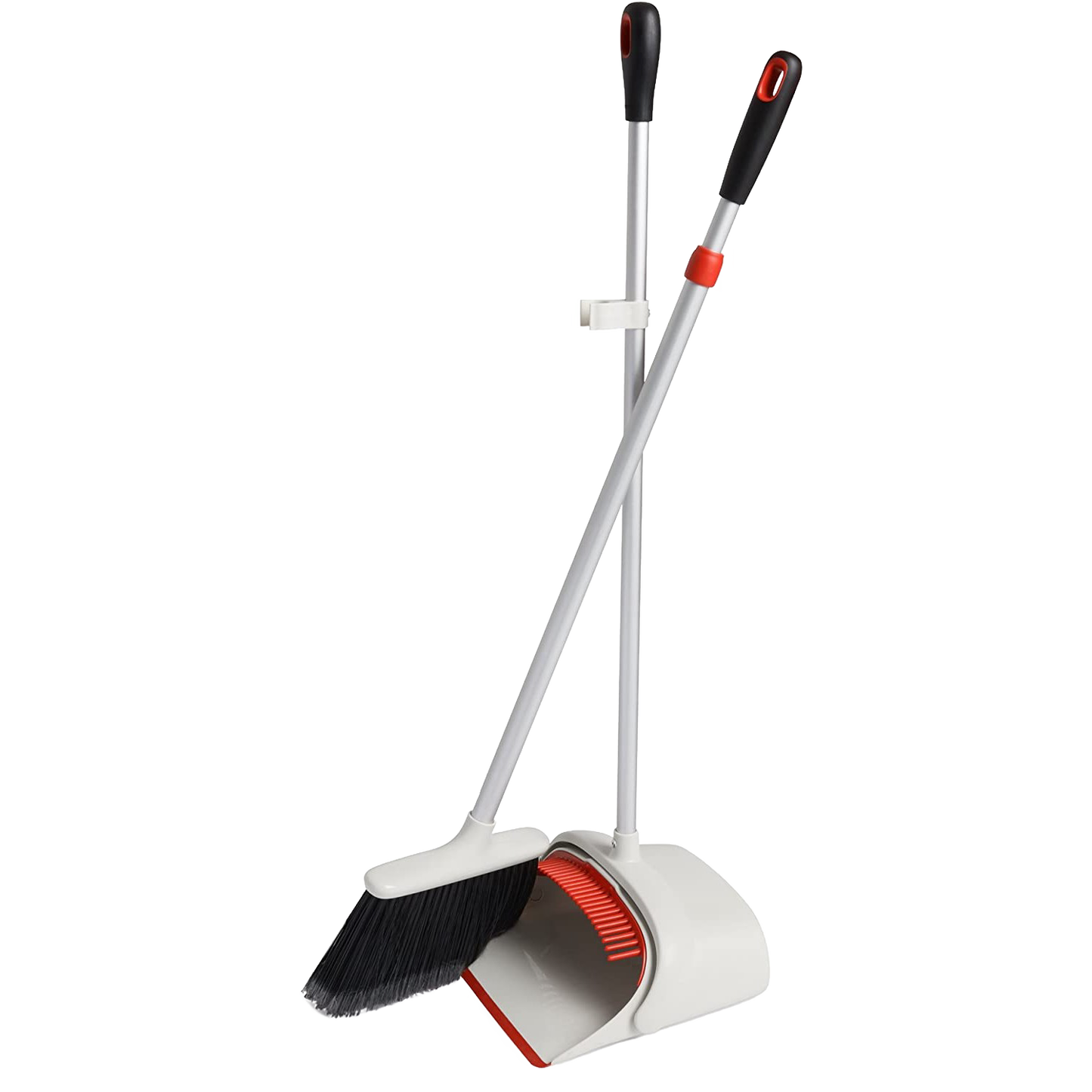 OXO sweep set featuring an extendable broom with soft flagged bristles and a large dustpan with a red rubber edge, designed for Home & Decor, Household Cleaning, and Best Sellers collections.