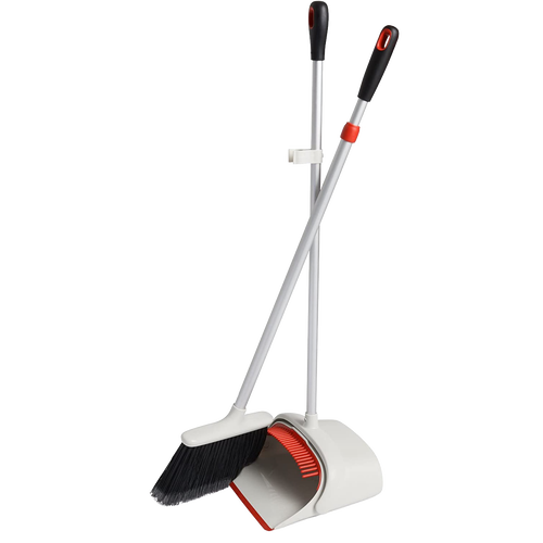 OXO sweep set featuring an extendable broom with soft flagged bristles and a large dustpan with a red rubber edge, designed for Home & Decor, Household Cleaning, and Best Sellers collections.