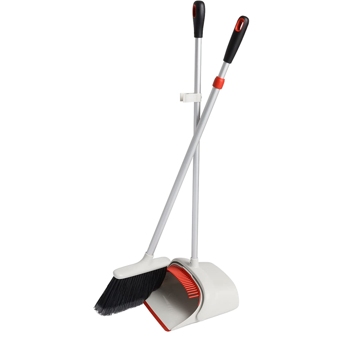 OXO sweep set featuring an extendable broom with soft flagged bristles and a large dustpan with a red rubber edge, designed for Home & Decor, Household Cleaning, and Best Sellers collections.