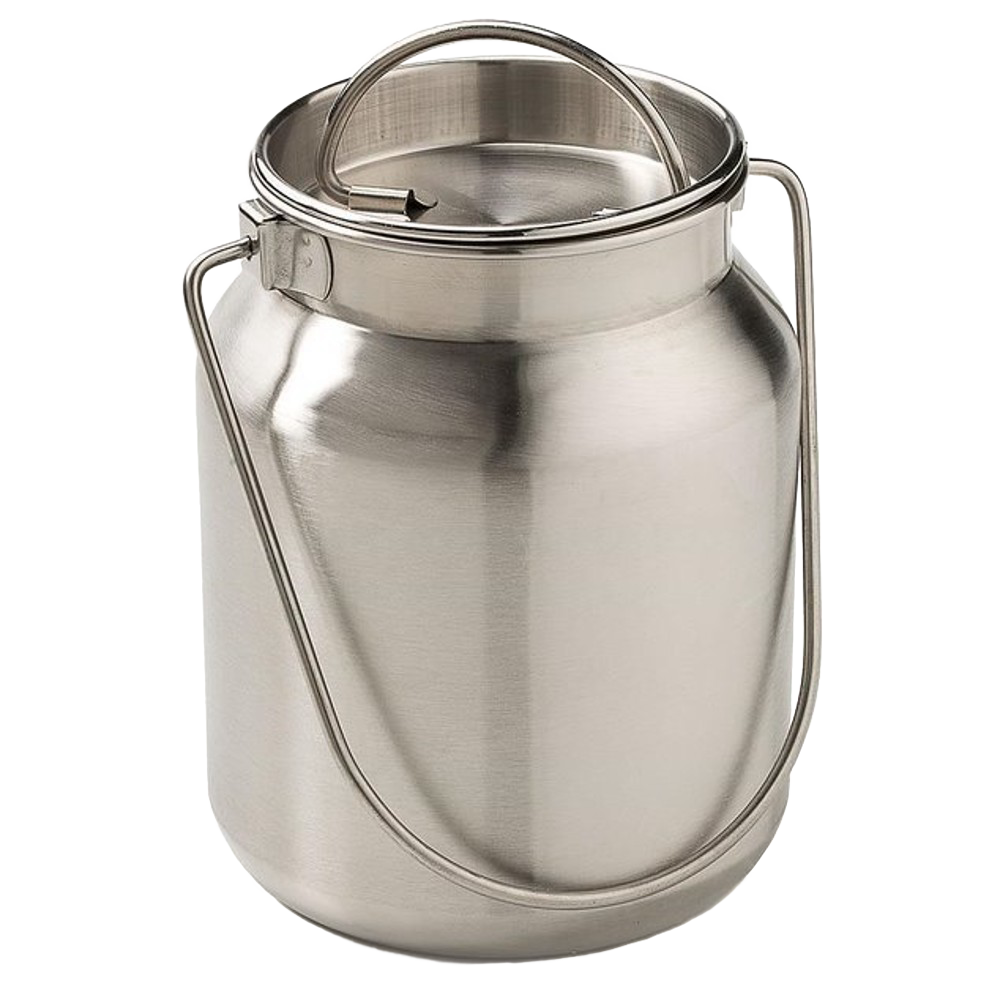 Brushed stainless steel milk can with welded bail tabs and a secure lid, holding up to 1 gallon, perfect as farmhouse decor or functional storage in Home & Decor and Farm collections.