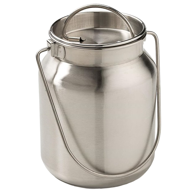 Brushed stainless steel milk can with welded bail tabs and a secure lid, holding up to 1 gallon, perfect as farmhouse decor or functional storage in Home & Decor and Farm collections.