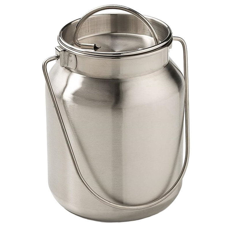 Brushed stainless steel milk can with welded bail tabs and a secure lid, holding up to 1 gallon, perfect as farmhouse decor or functional storage in Home & Decor and Farm collections.